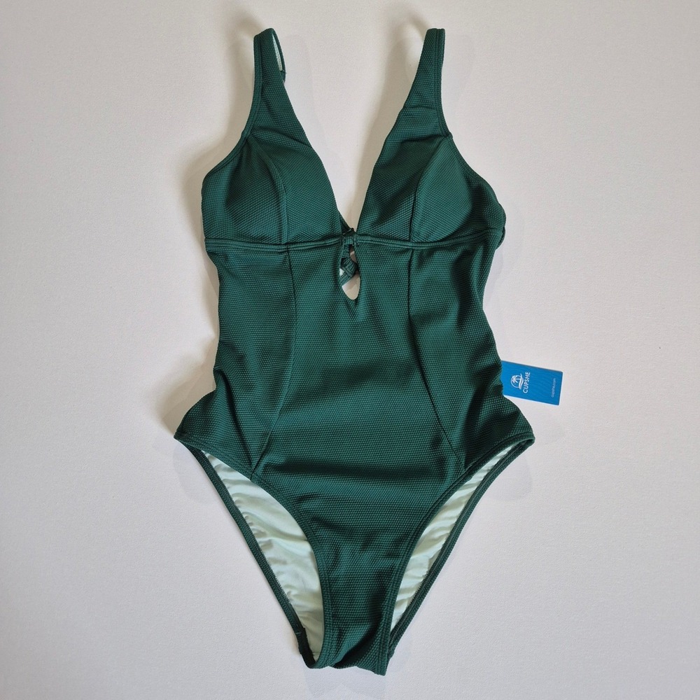 Cupshe Womens One Piece Swimsuit Dark Green Textured Cutout Size S